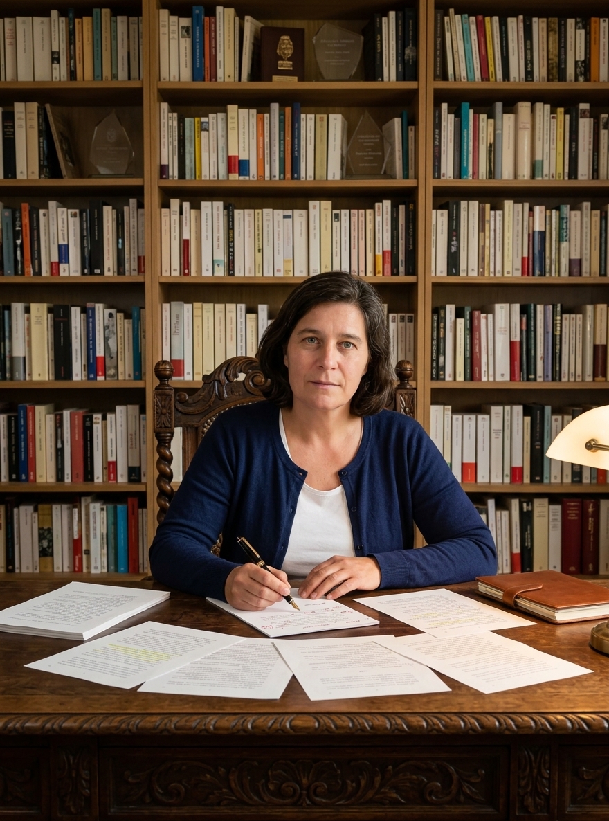 Portrait d'Astrid de Contencin, éditrice, à son bureau d'écriture