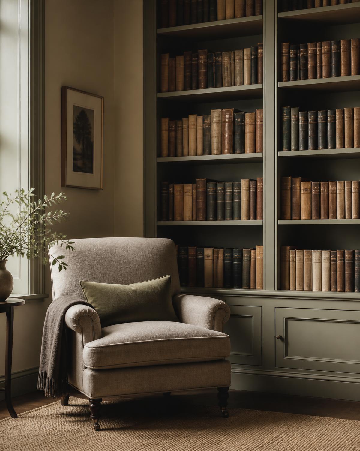 Coin bibliothèque avec livres reliés et fauteuil de lecture